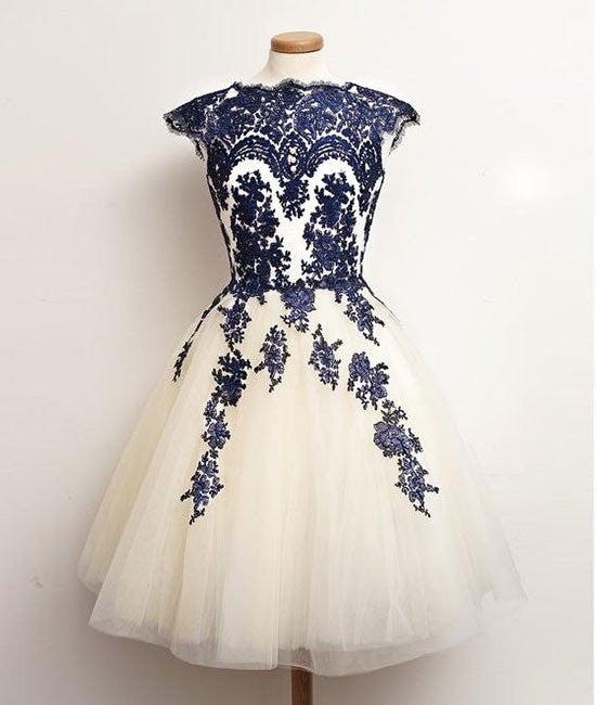 White Tulle Short Navy Blue Lace Prom ...